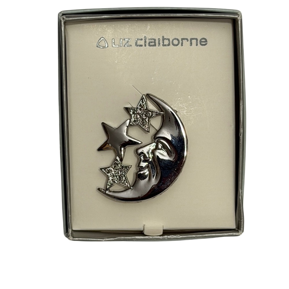 Liz Claiborne Silver Tone Celestial Moon and Stars Rhinestone Brooch Pin Boxed